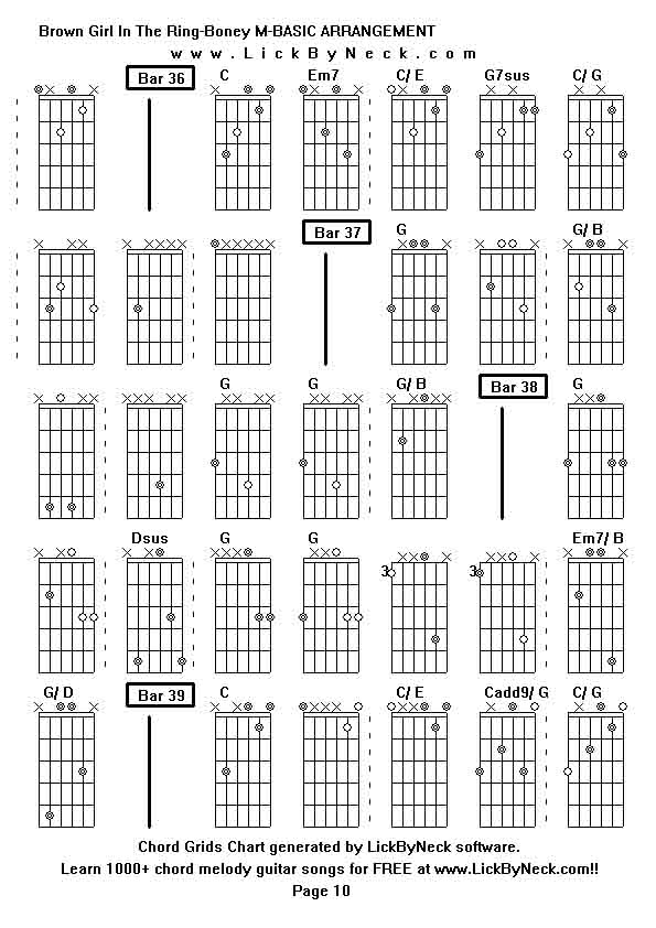 Chord Grids Chart of chord melody fingerstyle guitar song-Brown Girl In The Ring-Boney M-BASIC ARRANGEMENT,generated by LickByNeck software.